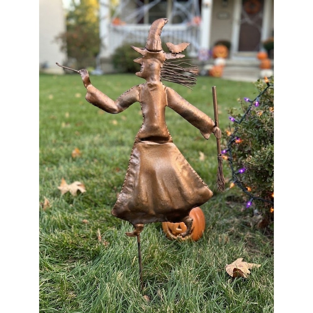 Halloween Witch Garden Stake Copper Rustic Yard Decor Art Spooky Witcy